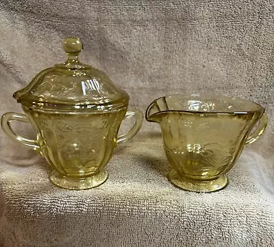 Vintage Federal Madrid Yellow Amber Depression Glass Creamer Sugar Bowl Set • $13.99