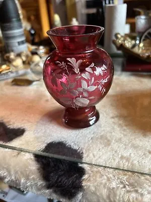 Vintage Painted Cranberry Glass Small Vase  • £15