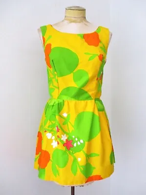 EUC Vtg 60s Malia Mod Flower Power Cotton Hawaiian Mini GoGo Dress Pockets XS/S • $145