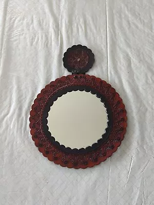 Vintage Round Mirror With Decorative Leather Frame And Leather HangerBrazil • $34.95