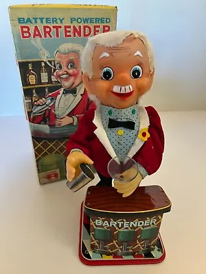 Vintage 1960's ROSKO NOMURA TOYS BARTENDER TIN LITHO Battery Operated Toy W/ Box • $117.70