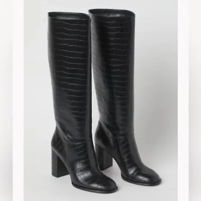 NWT H&M Black Croc Embossed Knee High Boots Size 9 • $9.99