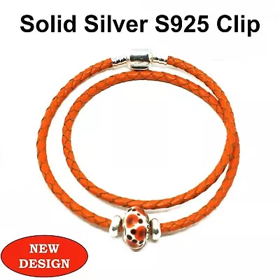 Double Leather Bracelet With S925 Silver Clip Stoppers & Murano Charm In Orange • £14.99