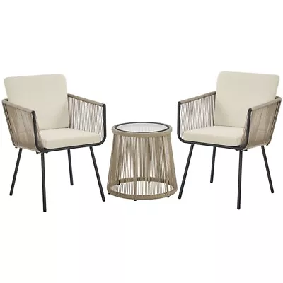 3-Piece Outdoor Wicker Bistro Set W/ 2 Chairs & Tempered Glass Top Side Table • $159.99