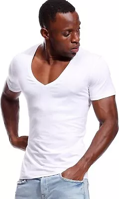 Deep V Neck T Shirt For Men Low Cut Vneck Tee Invisible Tshirt Vee Top Scoop Hem • $36.91