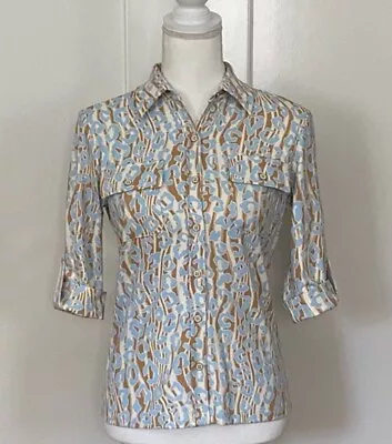 J McLaughlin Womens Shirt Blue Tan Catalina Cloth  Animal Print Large • $35