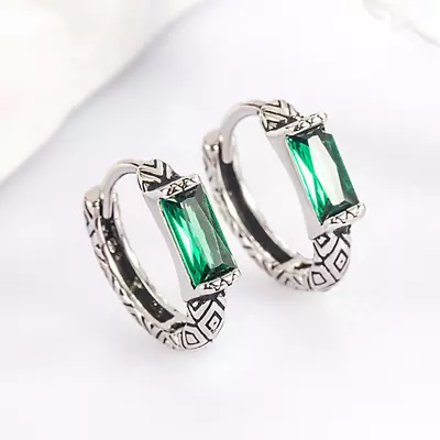 925 Sterling Silver Plated Vintage Patterned Green CZ Huggie Hoop Earrings I82 • $5.95