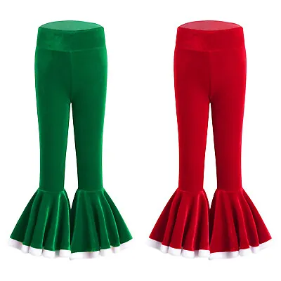 $14.39 • Buy Girls Bell Bottom Ruffle Pants Christmas Velvet Trouser  Leggings Flare Bottoms