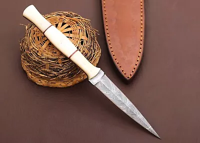 Double-Edged V42 Military Damascus Steel Dagger Boot Knife Camel Bone Handle X68 • $26.95