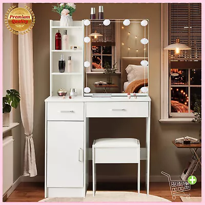Modern Dressing Table Bedroom Makeup Desk Stool LED Lights Mirror Drawer Cabinet • £138.75
