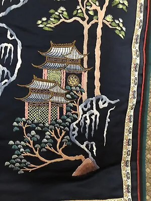 Rare Chinese Hand Embroidered Silk Tapestry Panel Wall Hanging 18”x 34” Vintage • $44