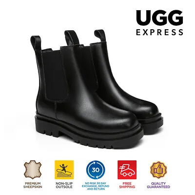 $95 • Buy UGG Women Chunky Leather Boots Sheepskin Wool Lining Platform Nonslip Vaneta