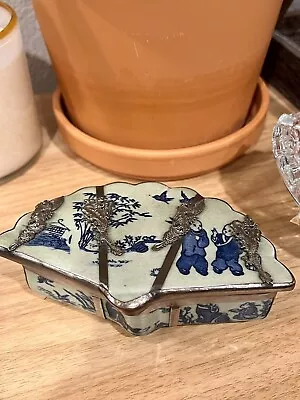 Vintage Chinese/Tibet Fan Jewelry Box - Celadon Porcelain With Silver Dragons • $19.99