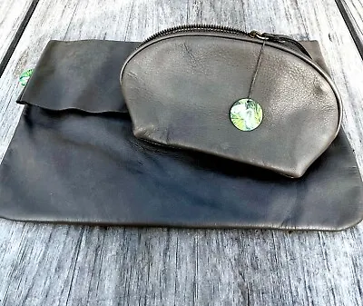 Bauxo Mocha Brown Raw Edge Leather Clutch And Zipper Mini Bag Set Travel Purse • $22