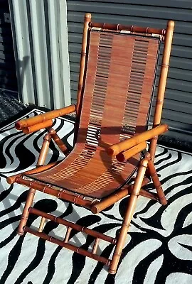 Vintage Japanese Bamboo Rattan Adjustable Reclining Fold Up Deck Chair • $495