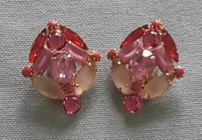 Vintage Estate High End Gold Red Pink Rhinestone Clip Earrings Costume Jewelry   • $25