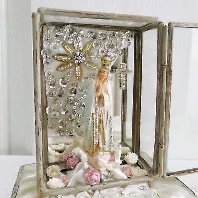 Vintage FATIMA Virgin Mary Small Statue Glass Mirror Oratory Adorned Alter Art • $96