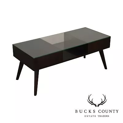 Mid Century Modern Vintage Mahogany 2 Drawer Glass Top Coffee Table • $485