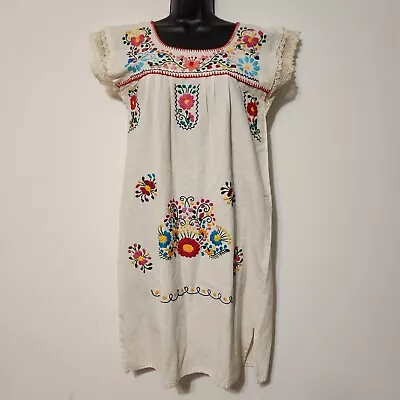 Vintage White Cotton Embroidered Mexican Dress • $35