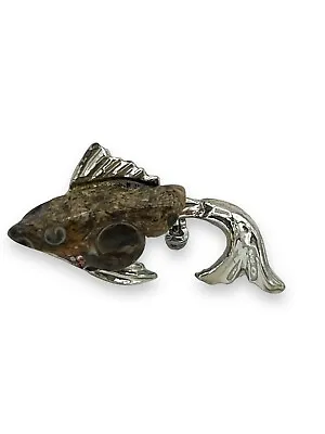 Vintage Unique Fossil Stone Fish Face On Silver Tone Brooch • $24.99