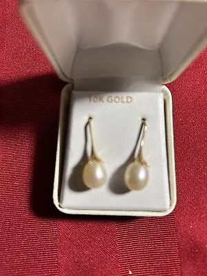 10K REAL SOLID YELLOW GOLD FRESH WATER CULTURED PEARL  Hanging Teardrop Earrings • $100