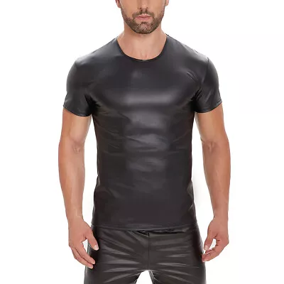 Men's Tank Top Muscle Workout Casual T Shirt Tee Clubwear Patent Leather Wetlook • £14.99