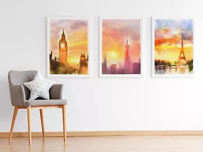 Set Of 3 London New York Paris Watercolour Travel Prints Wall Art Poster • £6.99