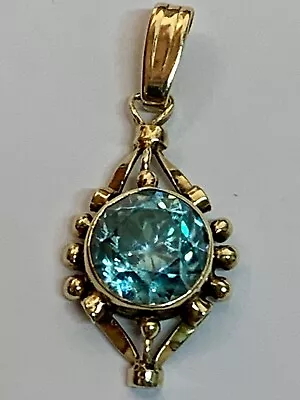 European Cut Zircon Pendant Blue Green Antique Estate 14k Gold 2.45 Carats! • $495