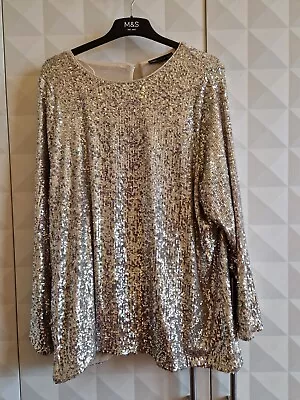 M&s Longline/ Easyfit Long Sleeve Champagne Sequin Blouse/ Top. Size 22. Nwt • £21