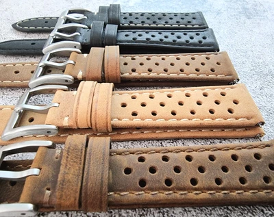 Perforated Vintage Leather Crazy Horse Watch Strap 18mm 20mm 22mm Brown Black • £12.95