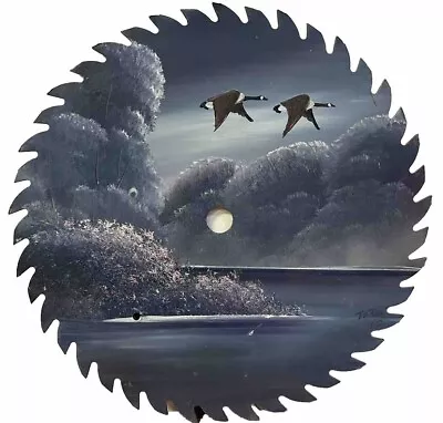 Vintage Hand Painted Signed Saw Blade 9” Canada Geese Rev Side Forest Setting • $65