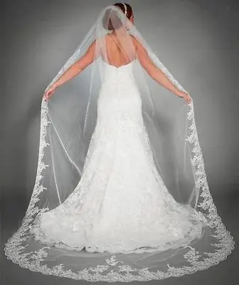 UK Wedding Veil Cathedral Long 3M White Lace Headpieces Tier With  Edge Bridal J • £14.56