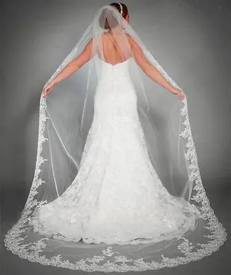 UK Wedding Veil Cathedral Long 3M White Lace Headpieces Tier With  Edge Bridal • £12.56