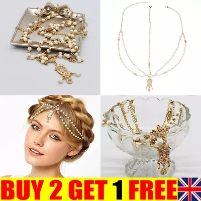 £0.01 • Buy Gold Pearl Chain White Bead Crown Tikka Head Hair Cuff Headband Headpiece Cy