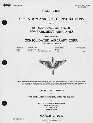 62 Page 1942 B-24C B-24D Liberator T.O. 01-5EC-1 Handbook Operation Flight On CD • $14.99