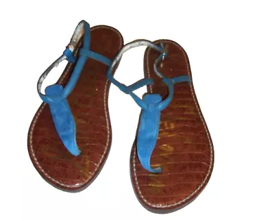 Sam Edelman GIGI Leather T-Strap Flat Sandal Thong Ankle Strap Blue Size 7.5 • $17