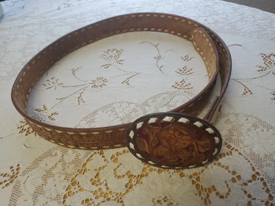 $40 • Buy Vintage Tony Lama Tooled Leather Belt And Buckle Acorns And Leaves Design