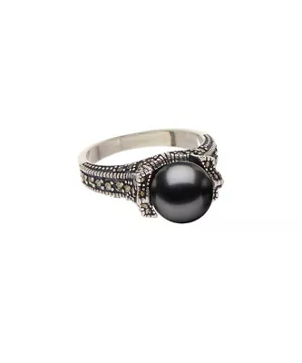 925 Sterling Silver Genuine Marcasite And Black Stone Ring - Sizes 5-9 • $11.99