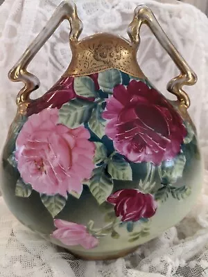 NIPPON HAND PAINTED Moriage Floral  Vase With Gilding & Delicate Handles • $330