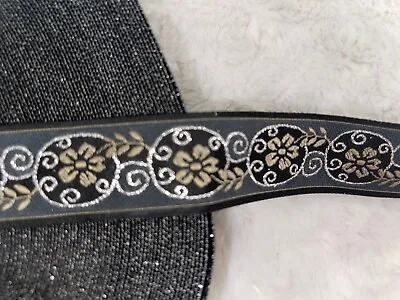 5 Yards Black Metallic Silver Pewter Jacquard Woven Floral Trim Ribbon 1  * • $5.53