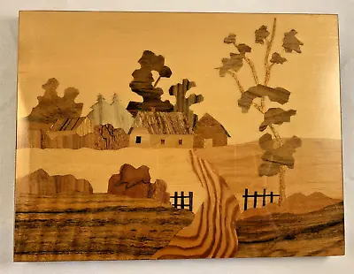 Vintage Art Marquetry Wood Inlay Wall Plaque Decor Farm House Trees Landscape • $20