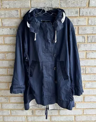 J. Crew Womens Rain Coat Jacket Hooded Zip Blue  Wax  Cotton Outdoor Size XXL • $35