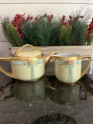 Rosenthal Selb Bavaria Donatello Tea Pot Creamer Art Deco Gold Mint Green Cream • $89