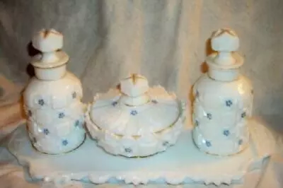 Westmoreland Old Quilt Forget Me Nots Vanity Set Milk Glass Scarce 1963 Nice • $170.99