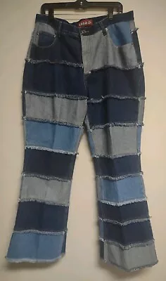 Vtg Zana Di Tiered Patchwork Size 16 Jeans Y2K 1990s Boho Denim Flare Raw Hem • $74.99