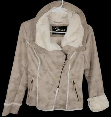 GUESS Los Angeles Faux Suede Sherpa Fur Beige Coat Moto Jacket SOFT Sz S • £26.99
