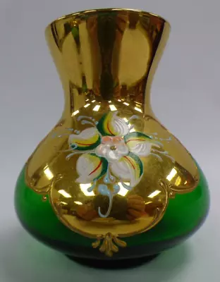 Murano Green Glass 10cm Vase 24kt Gold And Flower Decoration E22 P629 • £5.95