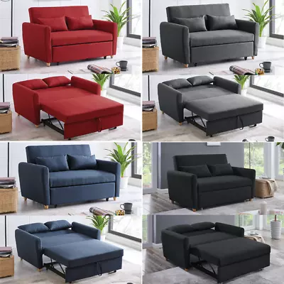 Sofabed Pull Out 2 Seater Double Sofa Bed Linen Blend Metal Frame Guest Bed • £397