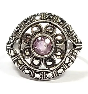 Vintage 935 Silver Amethyst And Marcasite Flower Ring Size 8 1/4 • $49