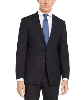 Calvin Klein Slim Fit Infinite Stretch Navy Windowpane Suit Jacket 42S Blue • $16.17
